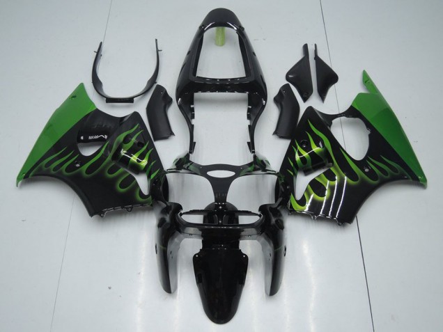 2000-2002 Black with Green Flame Kawasaki Ninja ZX6R Motorcycle Fairings