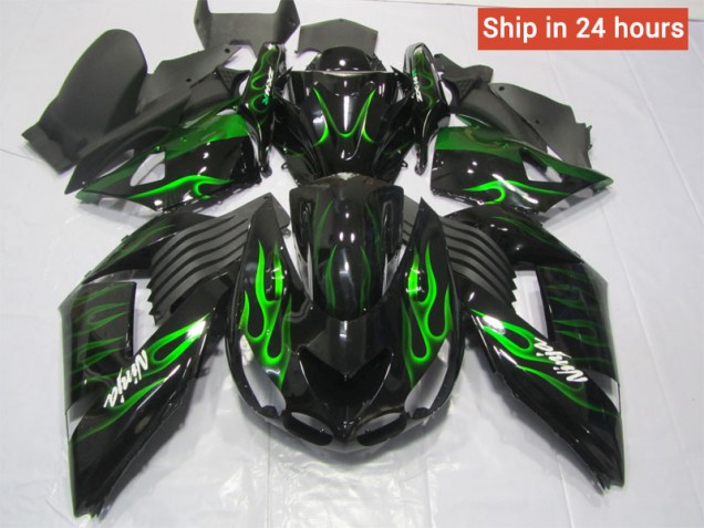 2006-2011 Black with Green Flame Kawasaki Ninja ZX14R Motorcycle Fairings 2006-2011 Black with Green Flame Kawasaki Ninja ZX14R Motorcycle Fairings